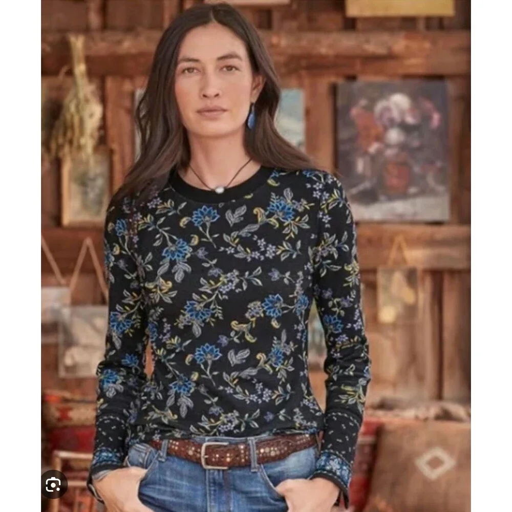 Sundance Loretta Thermal Waffle Knit Tee Long Sleeve Black Wildflower Floral M - Picture 1 of 14
